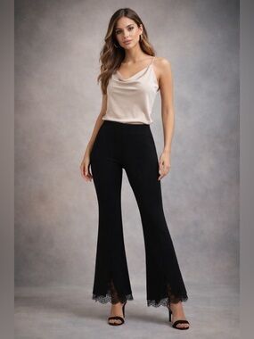 Slim Factor by Investments Black Flare Pants Lace Hem Stretch Pull-On Size S
